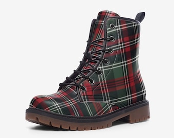 Red Scottish Tartan Boots, Combat Boots, Unisex Vegan Leather Boots, Lightweight Winter boots MT