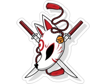 Kitsune Katana Mask Vinyl Sticker, Japanese Fox Anime Kitsune Kiss-Cut Stickers