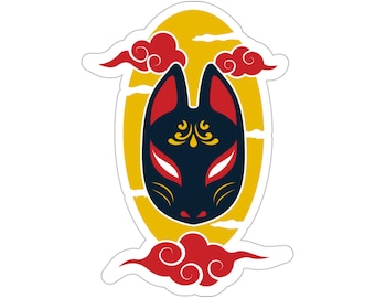 Black Kitsune Mask Vinyl Sticker, Japanese Fox Anime Kitsune Kiss-Cut Stickers