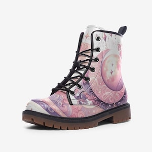 Pink Celestial Moon Flowers Boots, Mystical Vegan Leather Lightweight Combat Boots