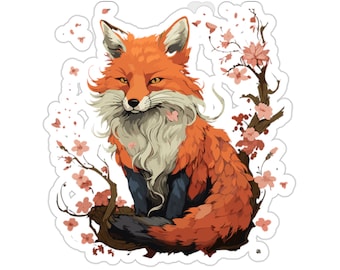 Japanese Fox Sticker, Cherry blossom Flower Sakura Trees Vinyl Sticker, Japanese Fox Anime Kitsune Kiss-Cut Stickers