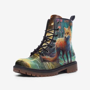 Enchanted Forest Fox Combat Boots – Mystical Dark Woodland Design, Vegan Leather Boots