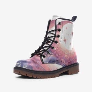 Pink Celestial Moon Flowers Boots, Mystical Vegan Leather Lightweight Combat Boots