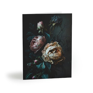 Dark Moody Flowers Grußkarten (8, 16 und 24 Stück) (versand aus den USA), Dark Academia Botanical Art, Black Still Life Art