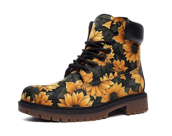 Sunflower Combat Boots, Floral Nature Pattern Vegan Leather Boots, Cottagecore Style