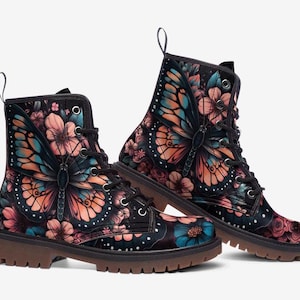 Floral Butterfly Moth Boots, Mystical Forest Combat Boots, Vegan Leather Lightweight boots