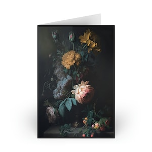 Dark Moody Flowers Greeting Cards (1 or 10-pcs), (shipped from Canada), Dark Academia Botanical Art, Black Still Life art, Black Art