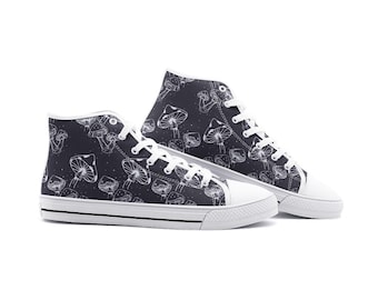 Mushroom Canvas Shoes, Han Drawn Mushrooms, Unisex High Top Canvas Shoes