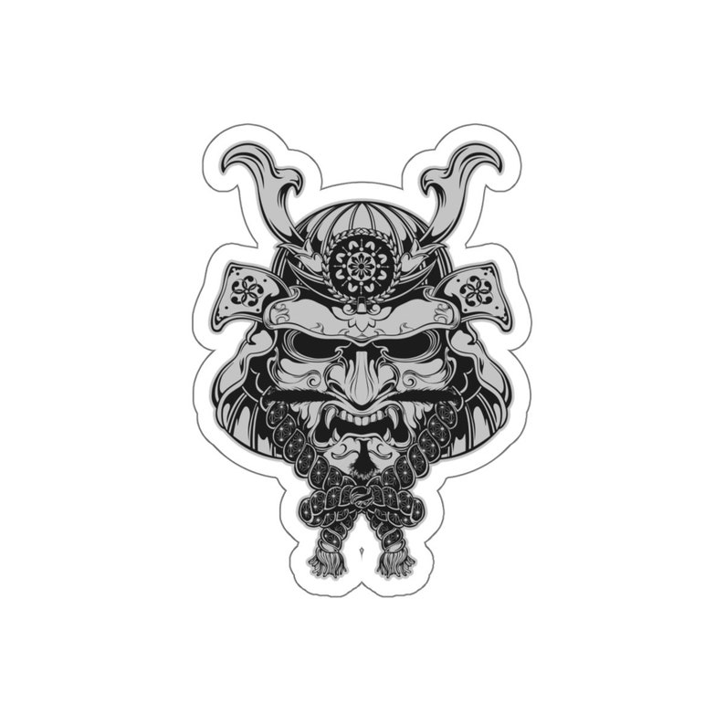 May include: A black and white illustration of a samurai warrior's helmet with a fierce expression. The helmet is decorated with intricate details and a rope is tied around the bottom.