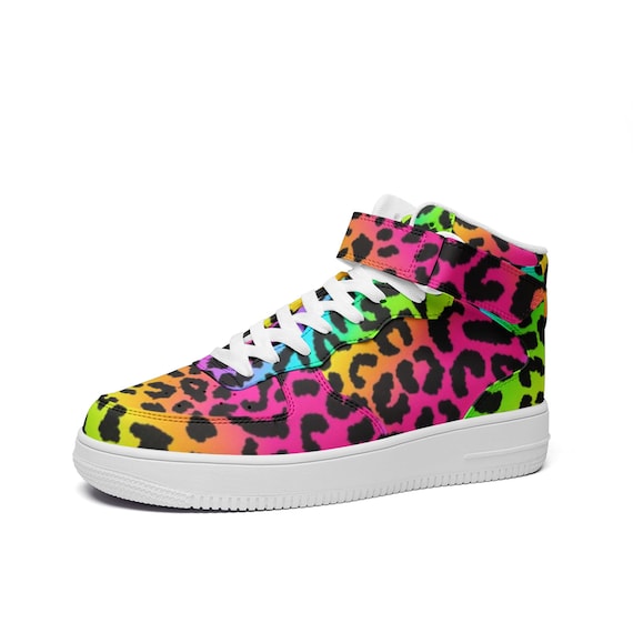 Rainbow Leopard Sneakers, Unisex High Top Leather Sneakers