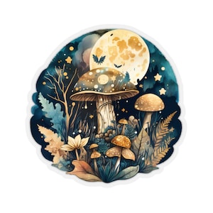 Adesivo di funghi, arte fantasy di funghi, arredamento di funghi, notte stellata della foresta lunare, adesivi tagliati a bacio