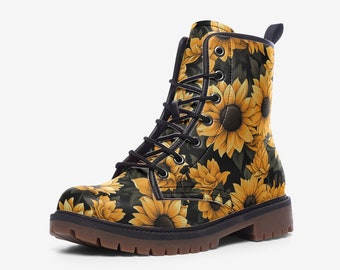 Sunflower Combat Boots, Vegan Leather, Floral Casual Leather Lightweight boots MT