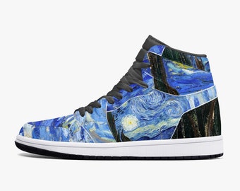 Starry Night Van Gogh Sneakers, AJ1 nspired High-Top Leather Sneakers, Available in white and in black