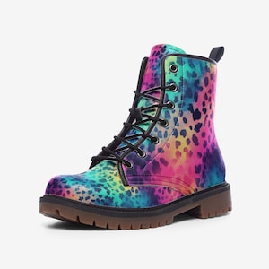 May include: Rainbow leopard print lace-up boots with black laces and a black rubber sole.