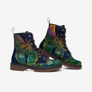 Botas Celestiais da Lua da Mariposa, Cartas de Tarô Botas de Combate Floral de Couro Vegano