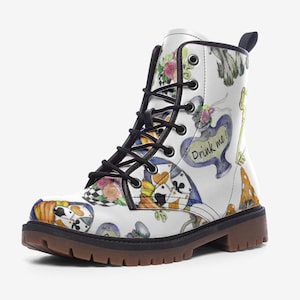 Alice in Wonderland Themed Combat Boots, Vegan Leather, Casual Leather Lightweight boots MT