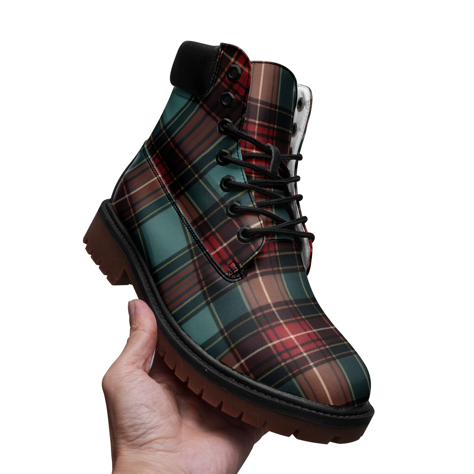 Red Scottish Tartan Boots, Combat Boots, Premium Lightweight 