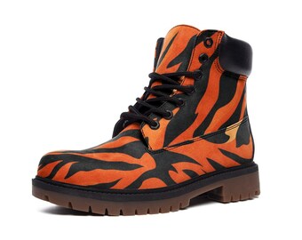 Buty bojowe z nadrukiem tygrysa, buty ze skóry wegańskiej w zwierzęcy wzór, odważny styl dżungli
