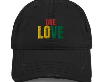 Rasta Hats | Embroidered Rastafari Hat | Rasta Colors Jamaican Roots Peace One Love Hat | Distressed Dad Hat