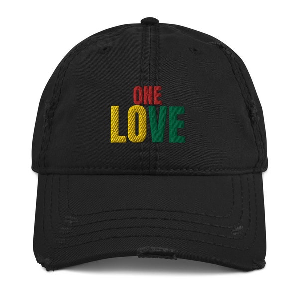 Rasta Hats | Embroidered Rastafari Hat | Rasta Colors Jamaican Roots Peace One Love Hat | Distressed Dad Hat