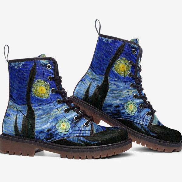 The Starry Night Boots, Women's Boots, Vegan Leather Boots, Combat Boots, Gift For Art Lover & Artist, Casual Boots