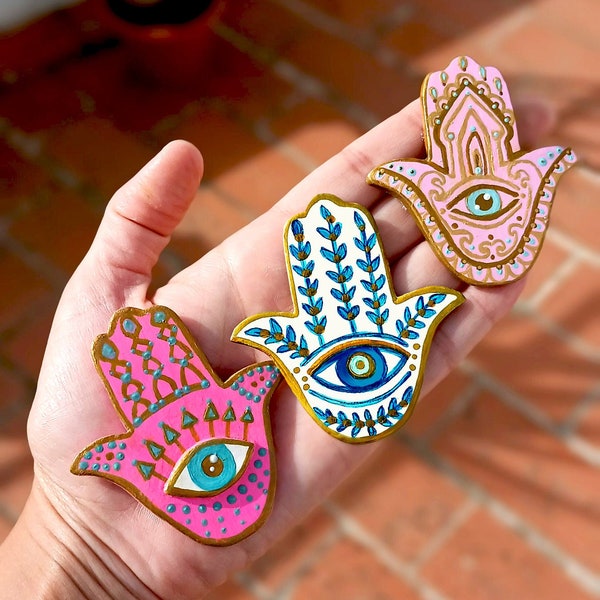 Modern Style Fatima Hand Fridge Magnets with Handpainted Evil Eye in 3 Vibrant Colors