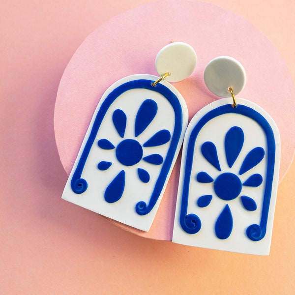 Statement greek inspired earrings, Dangle Drop earrings, Blue and white earrings. Polymery Clay hand made earrings. Santorini earrings