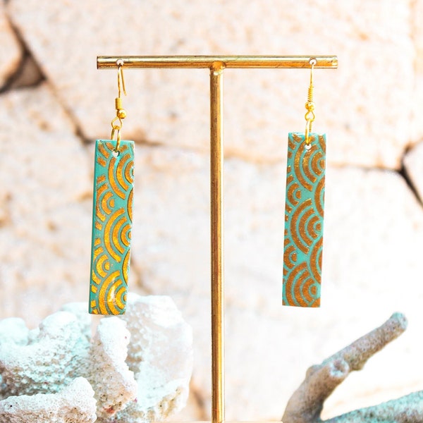 Golden Waves: Handmade Polymer Clay Rectangle Earrings with Chinese Inspired Print