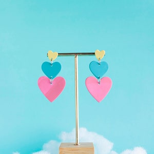 Dangle hearts earrings, Pink, Blue and Yellow. Cute earrings, fun earrings, tricolor herats errings. image 1