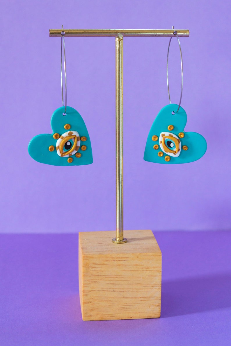 Heart earrings. Evil eye heart earrings. Blue and rose earrings. Dangle earrings image 6