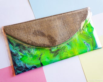 Envelope Clutch handbag - PVC bag - Pouring acrylic artistic bag - Marbling handbag - Surf girl bag - Jute handbag - Handle clutch - OOAK