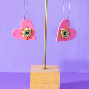 Heart earrings. Evil eye heart earrings. Blue and rose earrings. Dangle earrings image 2