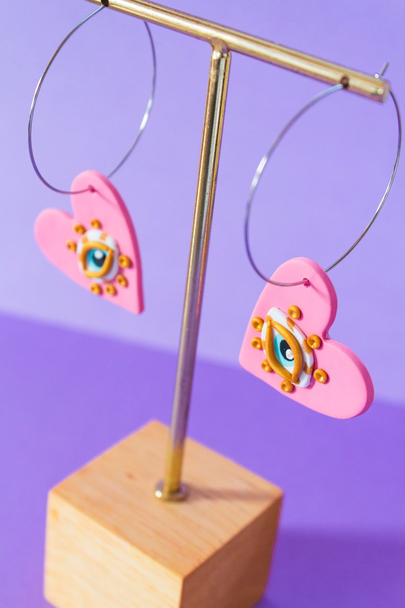 Heart earrings. Evil eye heart earrings. Blue and rose earrings. Dangle earrings image 3