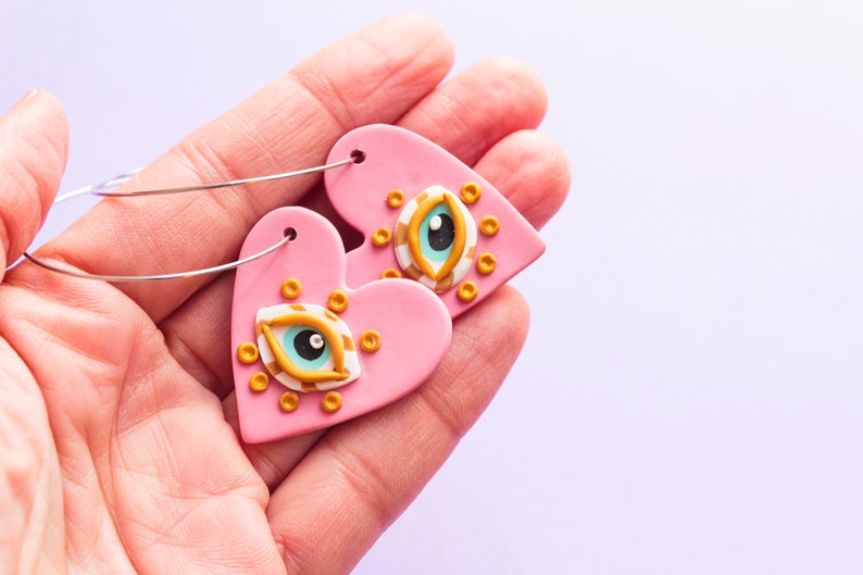 Heart earrings. Evil eye heart earrings. Blue and rose earrings. Dangle earrings image 5