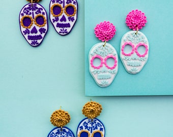 Catrinas Earrings, skull earrings, Dangle Drop Catrina earrings, colorful earrings, statement earrings,