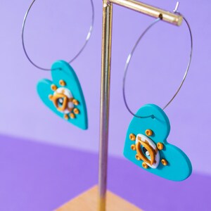 Heart earrings. Evil eye heart earrings. Blue and rose earrings. Dangle earrings image 8