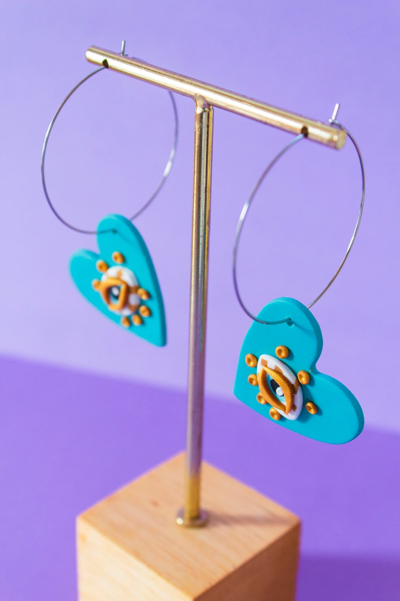 Heart earrings. Evil eye heart earrings. Blue and rose earrings. Dangle earrings image 8