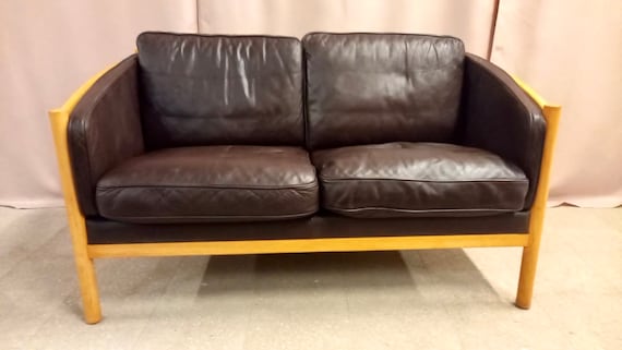 Danish vinatge 2 seater brown buffalo leather Stouby sofa with wooden frame 1960s