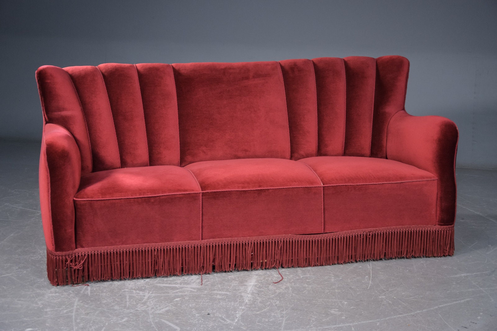 Danish 3 seater sofa in red velour 1950's