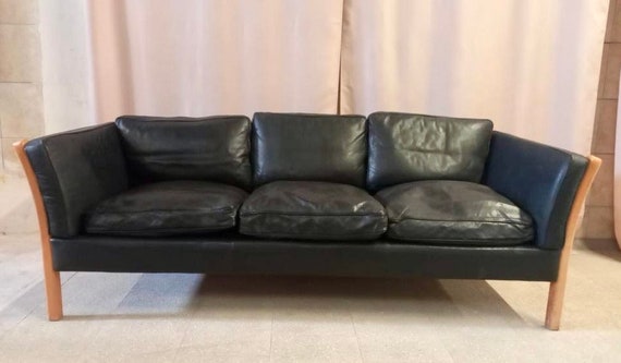 Danish vintage 3 seater black leather Stouby sofa , 1960s