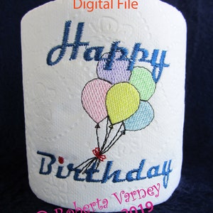 DIGITAL FILE - Embroidered Happy Birthday design - Bathroom decor - Birthday greetings - Embroidered toilet paper