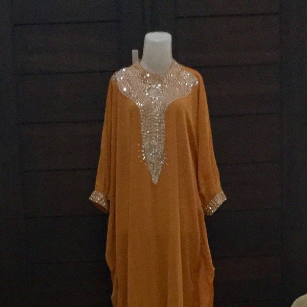 Moroccan Dubai abaya Kaftan yellow sequins beads appliqué maxi dress wedding baby shower maternity bridesmaid UK 10 12 14 16 18 20 22