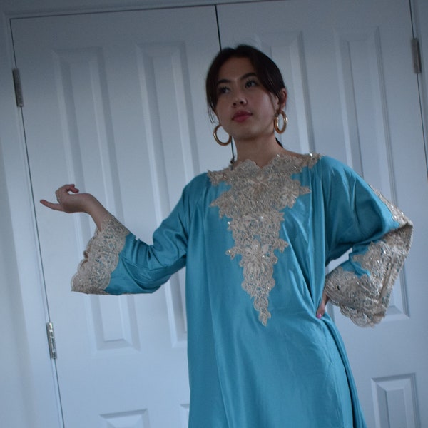 Arabian abaya kaftan turquoise maxi dress lace sequins beads applique  baby shower maternity   UK 10 12 14 16 18 20  S to XXL