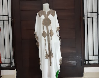 Moroccan Dubai abaya off white  gold lace embroidery Kaftan maxi dress cover up caftan US S to XXXL UK 10 12 14 16 18 20 24