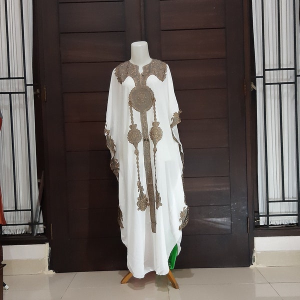Moroccan Dubai abaya off white  gold lace embroidery Kaftan maxi dress cover up caftan US S to XXXL UK 10 12 14 16 18 20 24