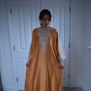 Mustard silky Kaftan maxi dress gown robe lace sequins beads dress UK 10 12 14 16 18 20  S to XXL