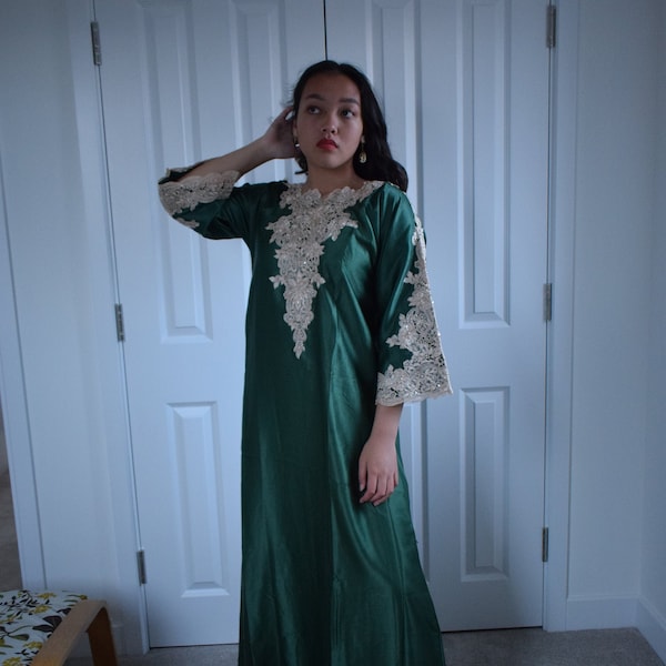 Bottle green lace appliqué sequins maxi Gown robe abaya farasha  UK 10 12 14 16 18 20  S to XXL