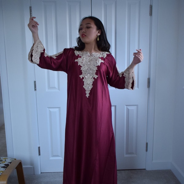 Burgundy lace sequins appliqué kaftan dress maxi dress abaya farasha UK 10 12 14 16 18 20  S to XXL