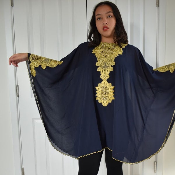 Arabian Kimono Batwing lagen look bohemian gold lace embroidered navy blue  tunic dress M to XXXXL