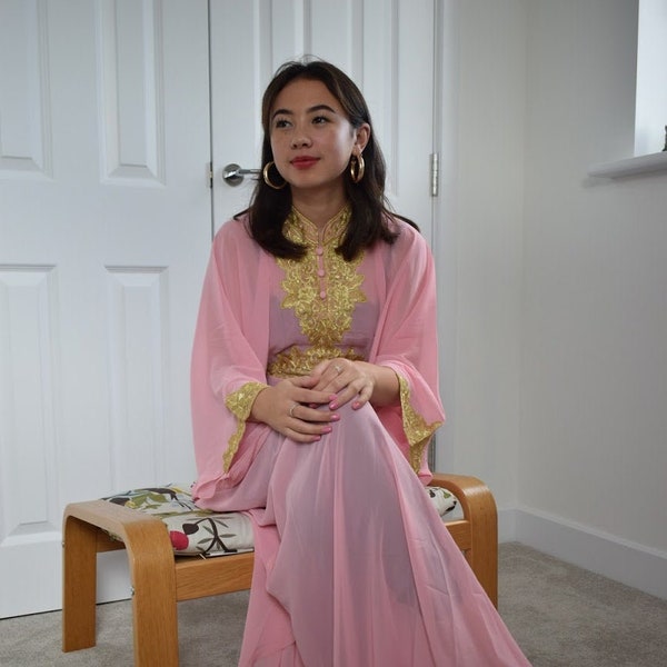 Moroccan Dubai abaya baby pink gold lace embroidery Kaftan maxi dress wedding baby shower cover up bridesmaid UK 10 12 14 16 18 20 22